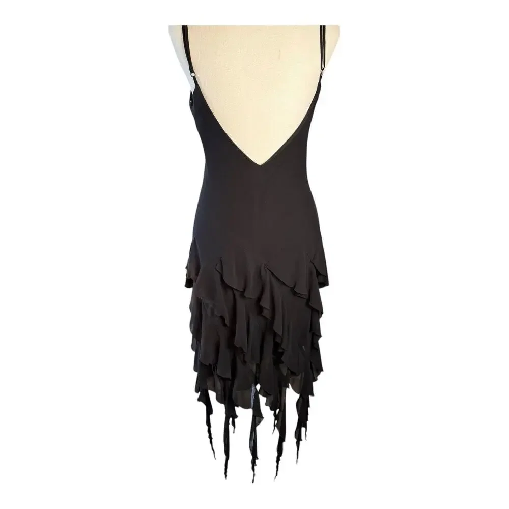VTG Ruffle Asymmetrical Handkerchief Black Midi Dress Silky Fairy Whimsigoth Y2K - Picture 6 of 14